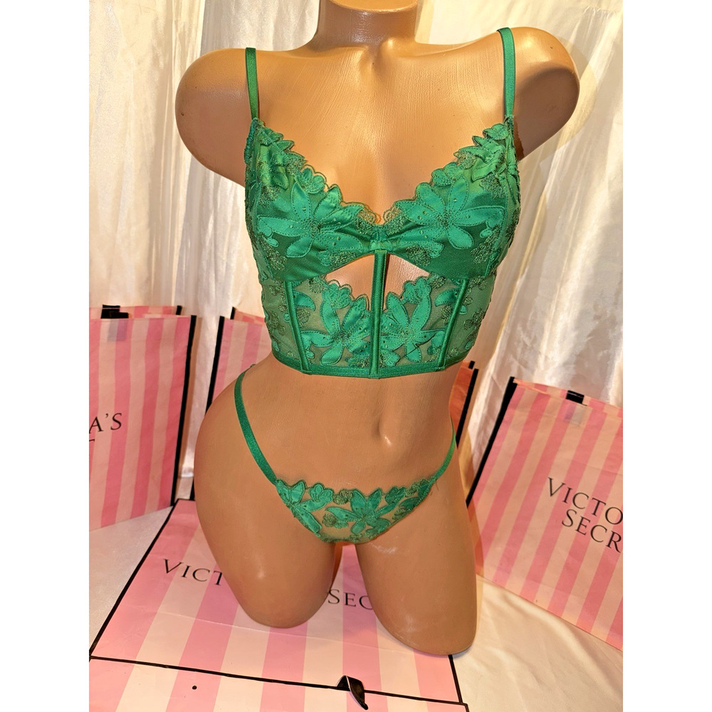 Victorias Secret Bra Corset Top W/open Back Panty Medium Green